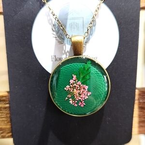 Pink queen Anne lace  in resin handmade necklace on 18 inch plated brass chain